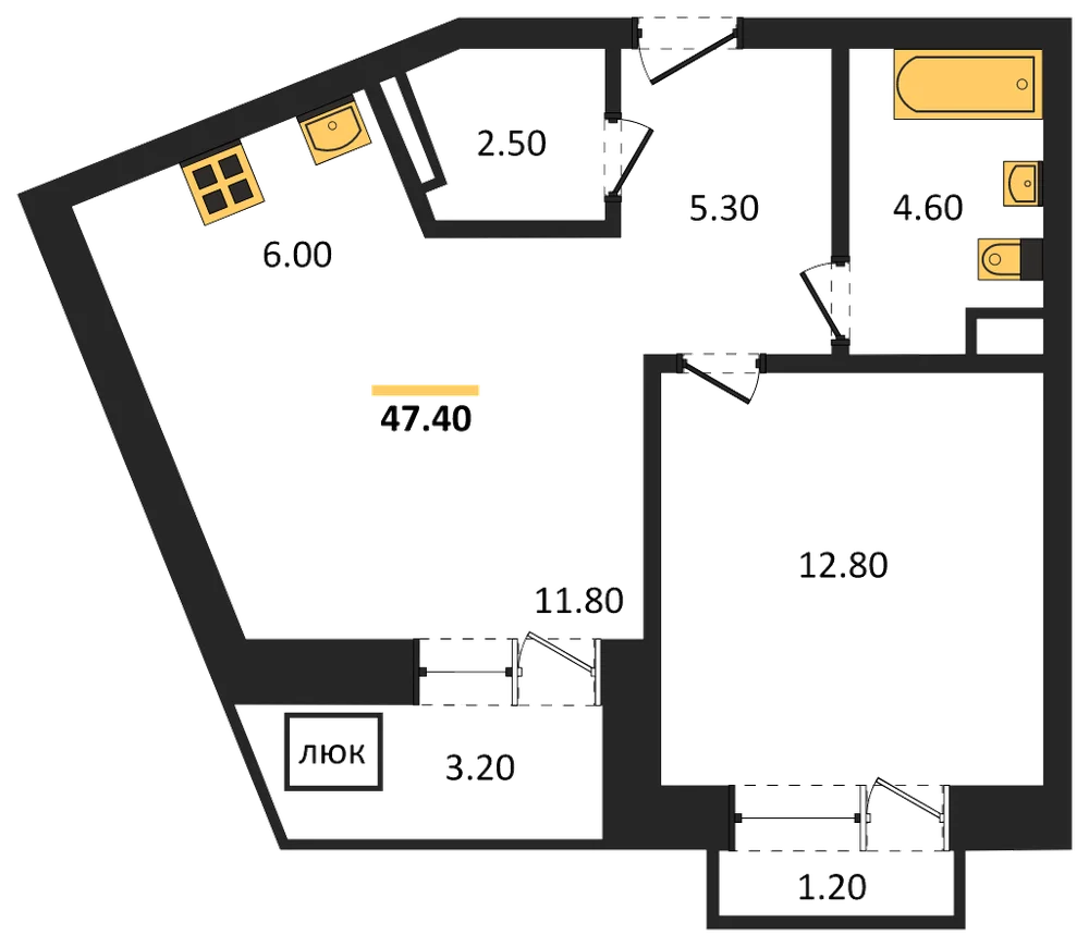 Планировка: 1-комн., 47,4 м²