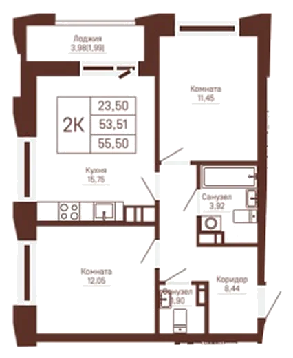 Планировка: 2-комн., 55,5 м²