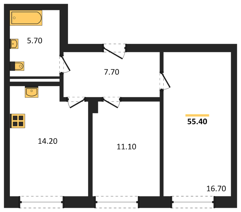Планировка: 2-комн., 55,4 м²
