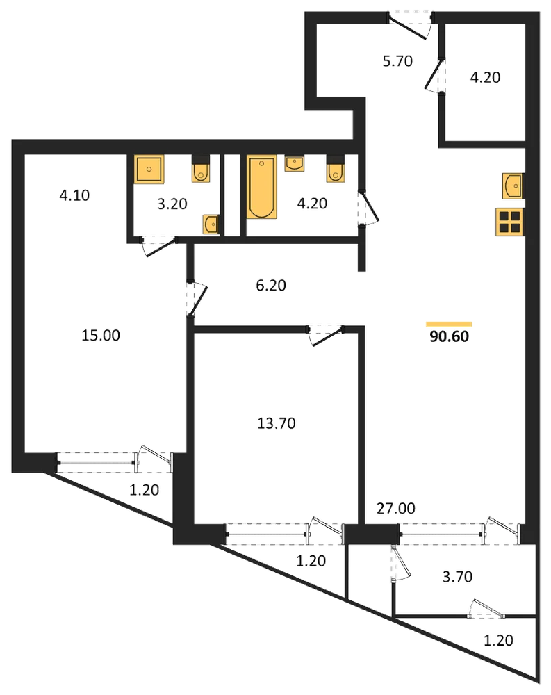 Планировка: 2-комн., 90,6 м²