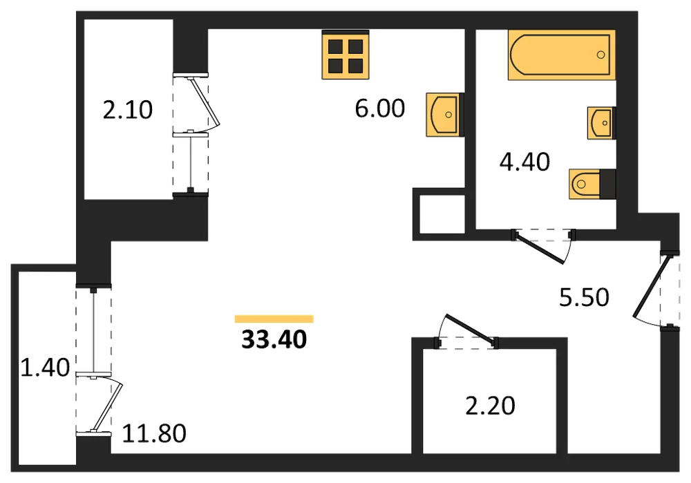 Планировка: Студия, 33,4 м²