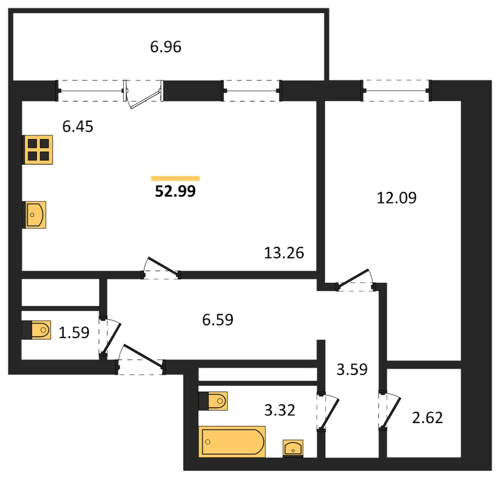 Планировка: 2-комн., 53 м²