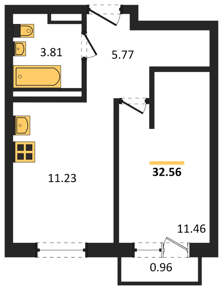 Планировка: 1-комн., 32,6 м²