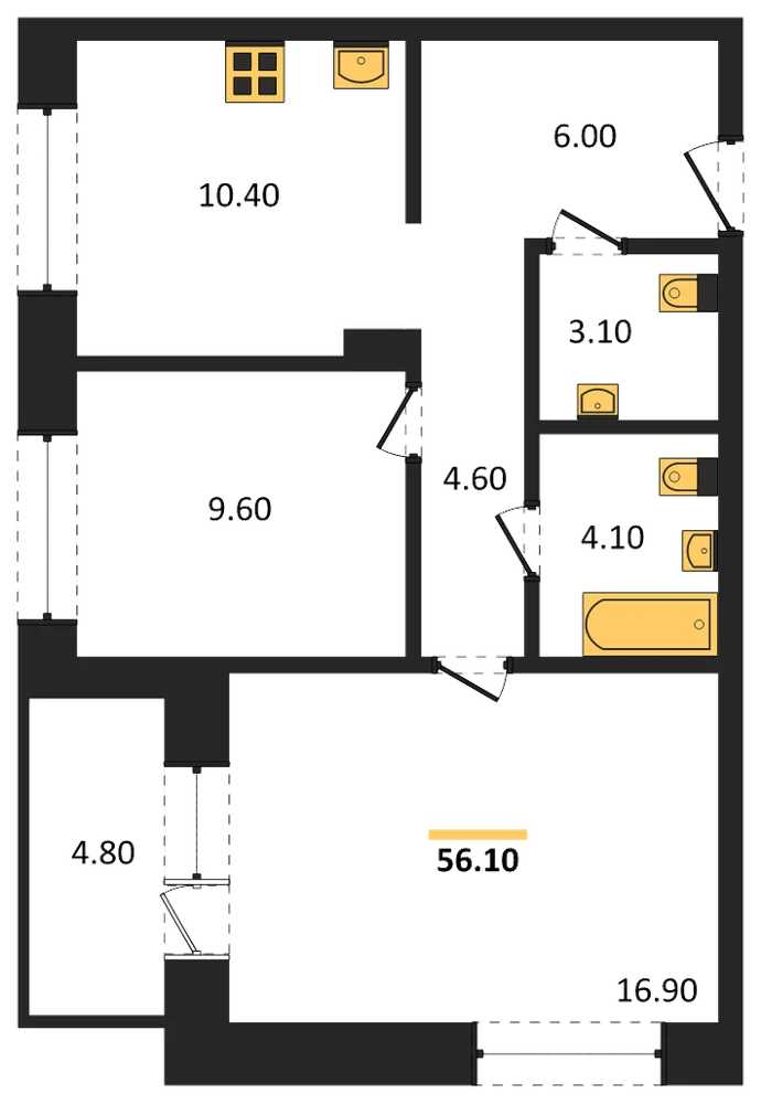 Планировка: 2-комн., 56,1 м²