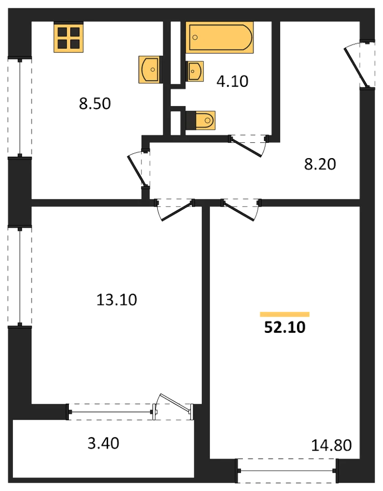 Планировка: 2-комн., 52,1 м²