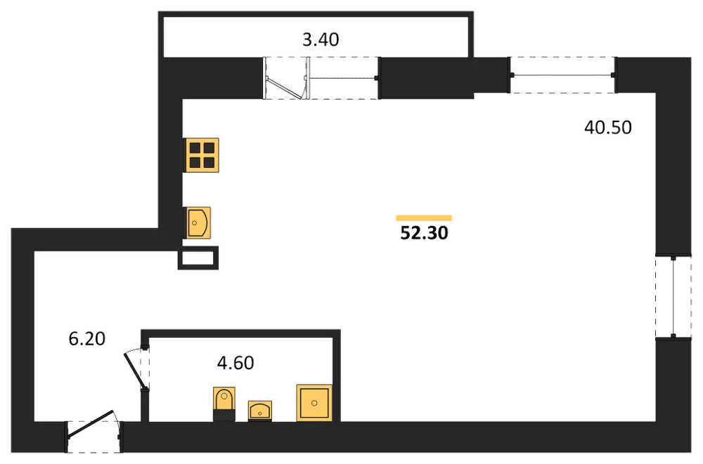 Планировка: 1-комн., 52,3 м²