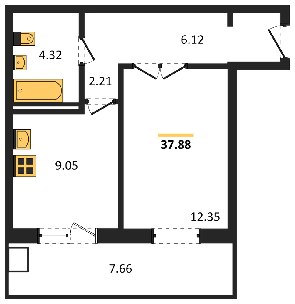 Планировка: 1-комн., 37,9 м²