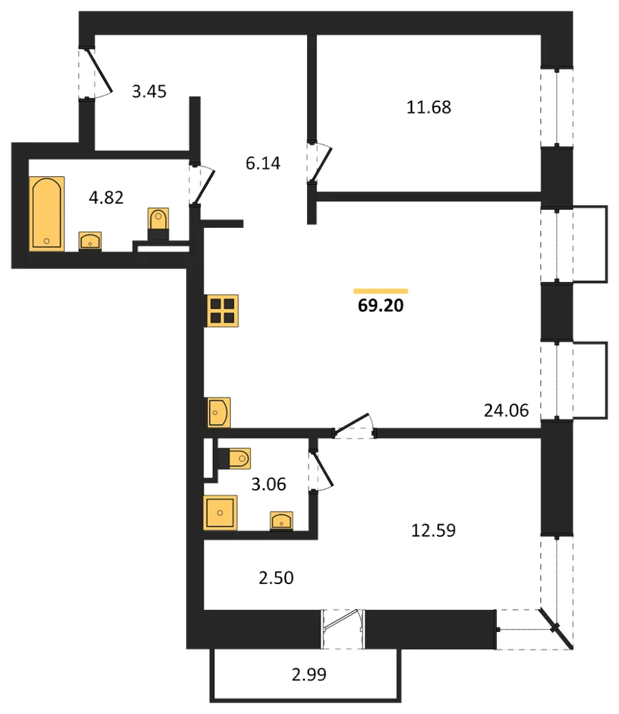 Планировка: 2-комн., 69,2 м²