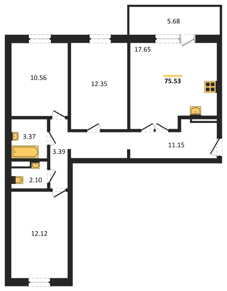 Планировка: 3-комн., 75,5 м²