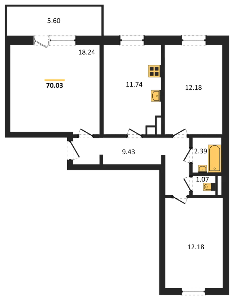 Планировка: 3-комн., 70 м²