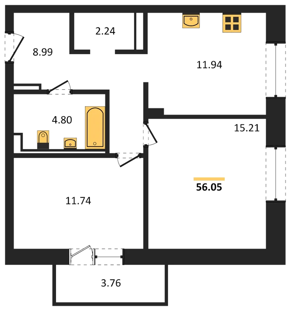 Планировка: 2-комн., 56,1 м²