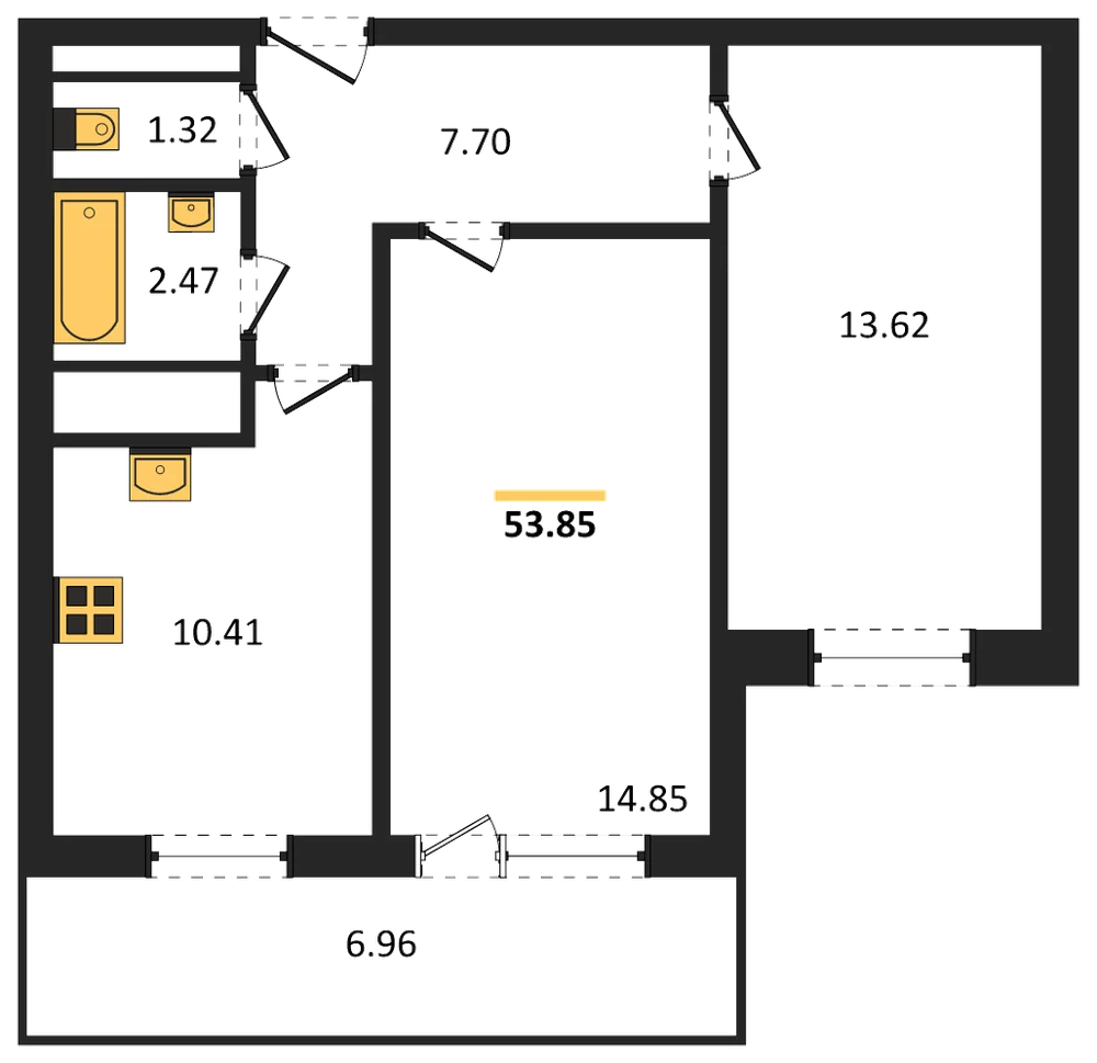 Планировка: 2-комн., 53,9 м²