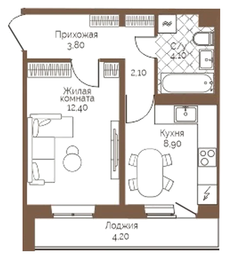 Планировка: 1-комн., 33,4 м²