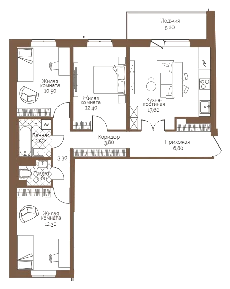 Планировка: 3-комн., 74,8 м²