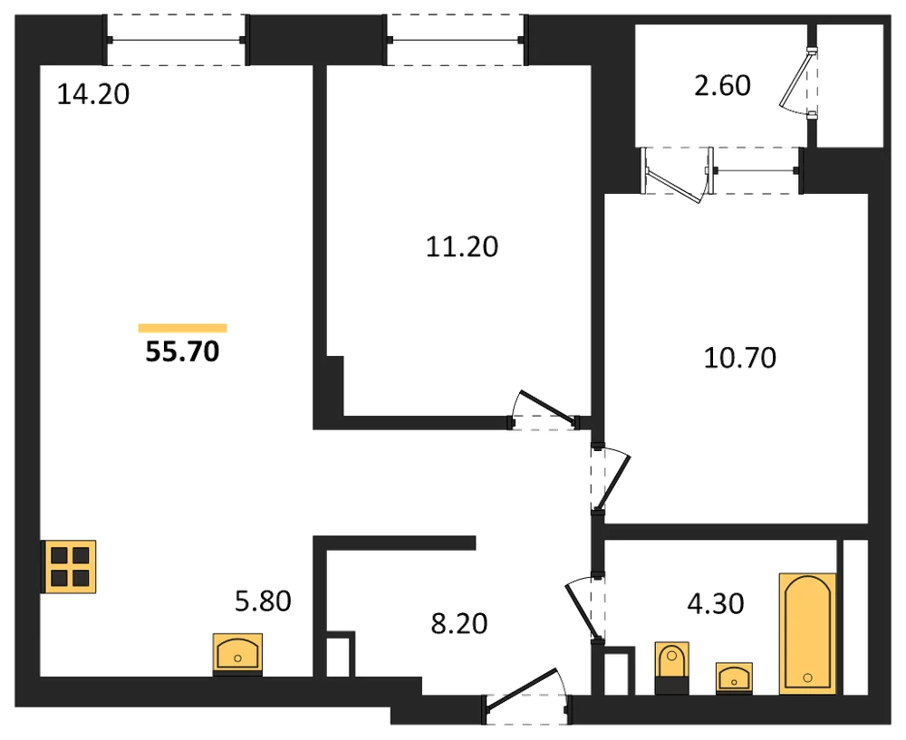 Планировка: 2-комн., 55,7 м²