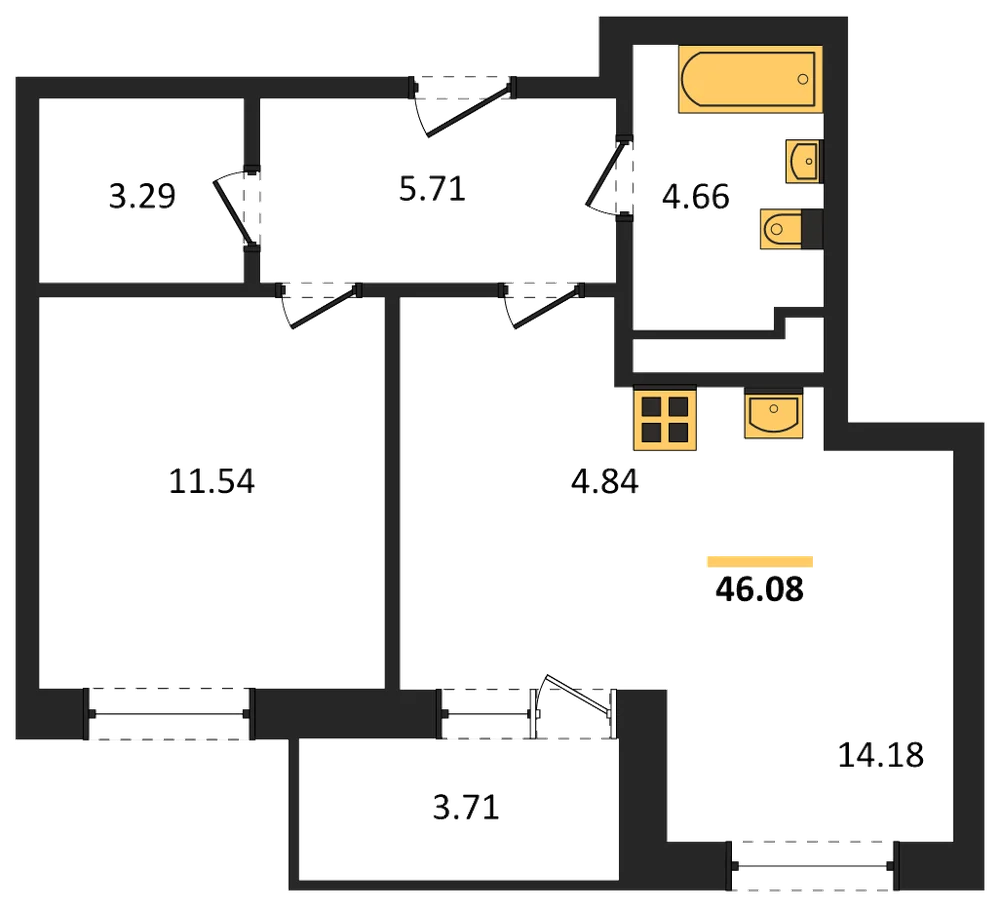 Планировка: 1-комн., 46,1 м²