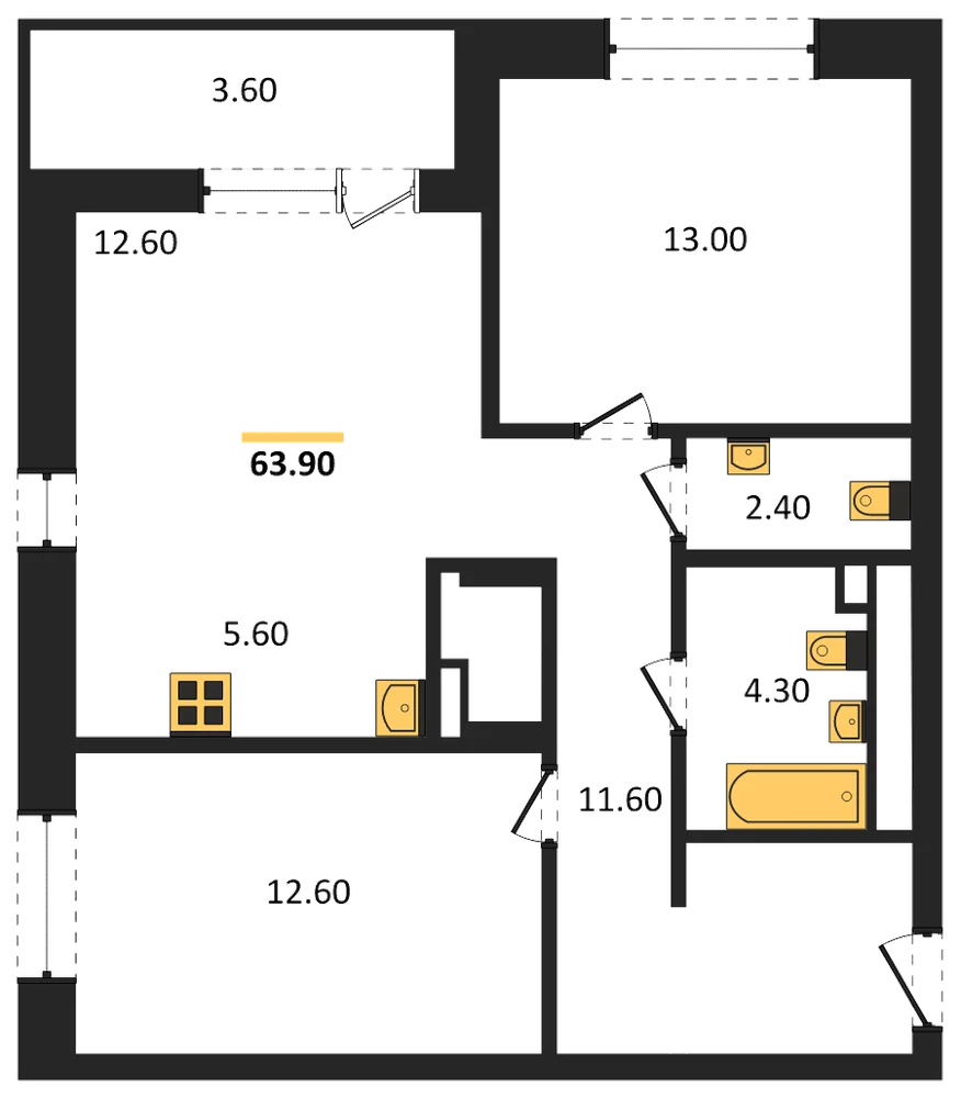 Планировка: 2-комн., 63,9 м²