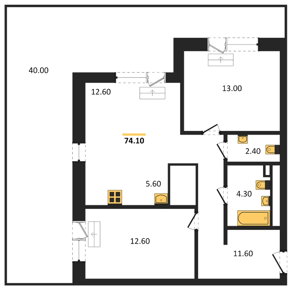 Планировка: 2-комн., 76,9 м²