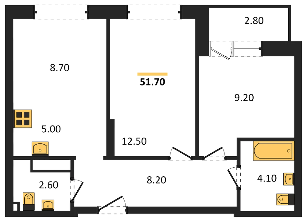 Планировка: 2-комн., 51,7 м²