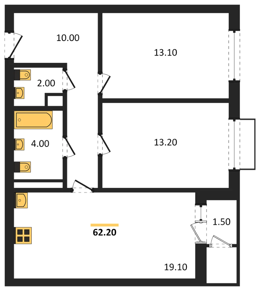Планировка: 2-комн., 62,2 м²