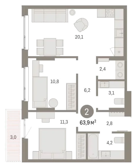 Планировка: 2-комн., 63,9 м²