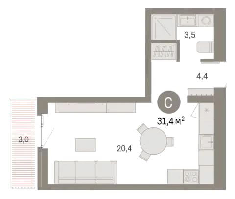 Планировка: Студия, 31,4 м²