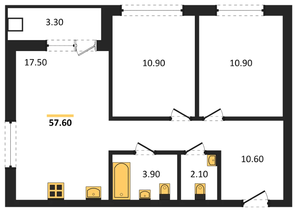 Планировка: 2-комн., 57,6 м²