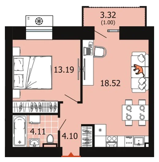 Планировка: 1-комн., 40,9 м²