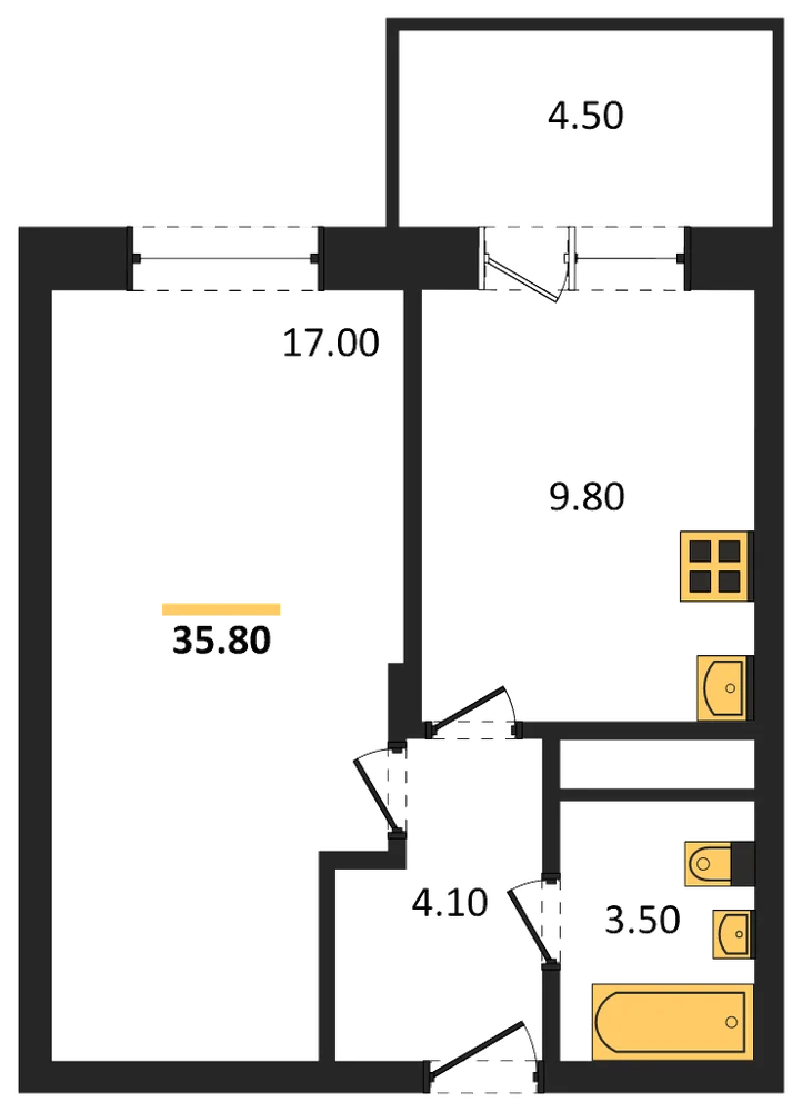 Планировка: 1-комн., 35,8 м²