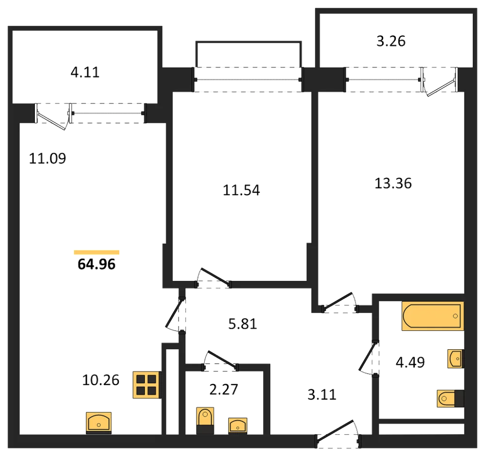 Планировка: 2-комн., 65 м²
