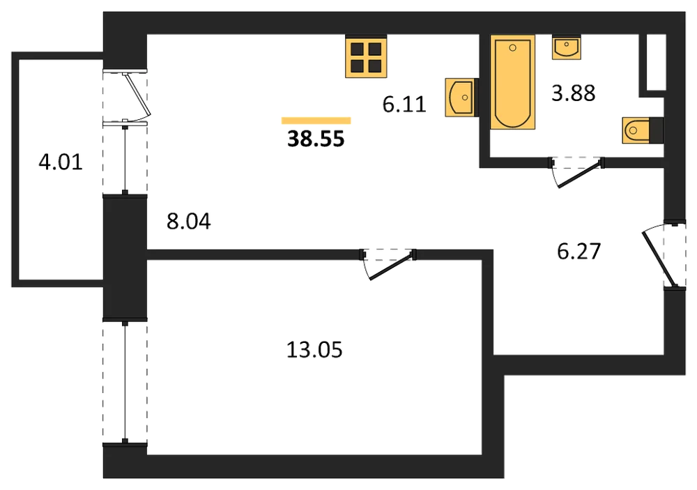 Планировка: 1-комн., 38,6 м²