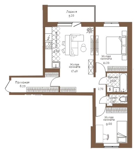 Планировка: 2-комн., 58,6 м²