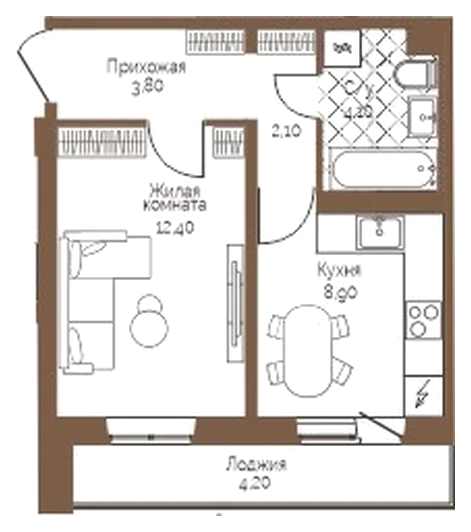 Планировка: 1-комн., 33,4 м²