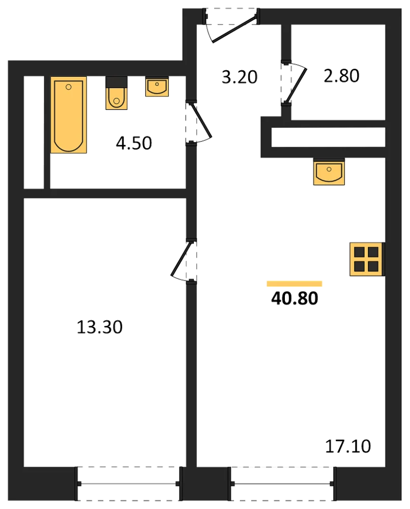 Планировка: 1-комн., 40,9 м²