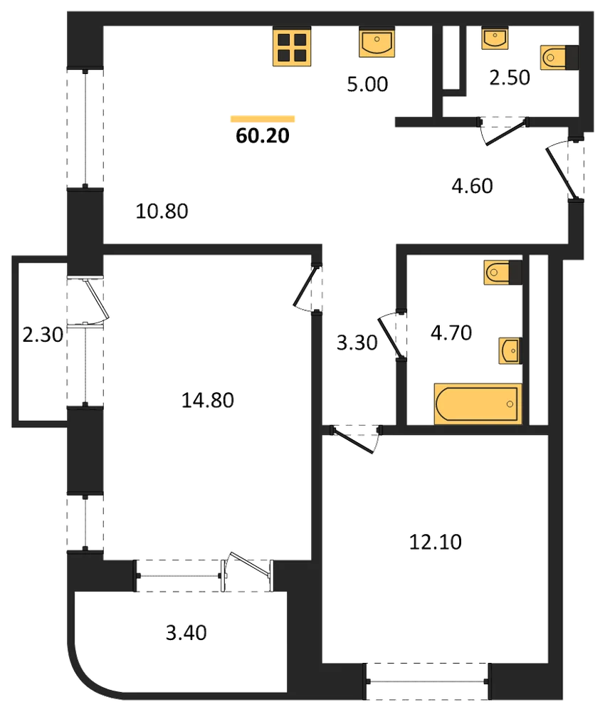 Планировка: 3-комн., 60,2 м²