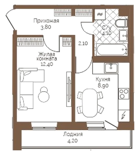 Планировка: 1-комн., 33,4 м²