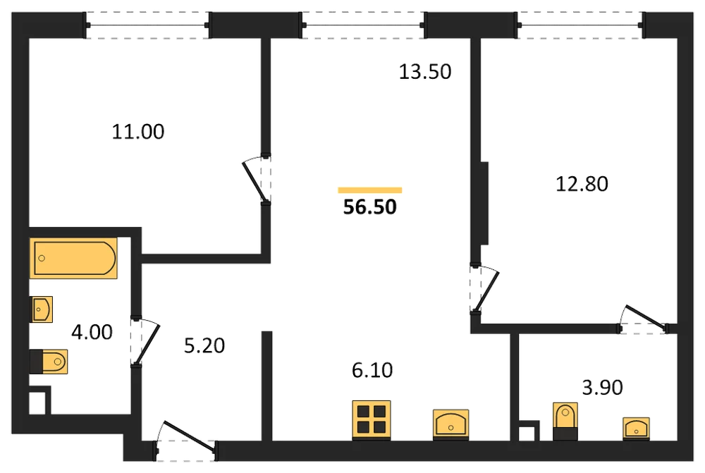 Планировка: 2-комн., 56,5 м²