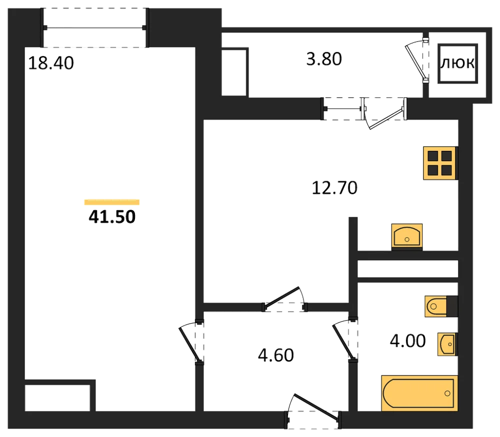 Планировка: 1-комн., 41,5 м²