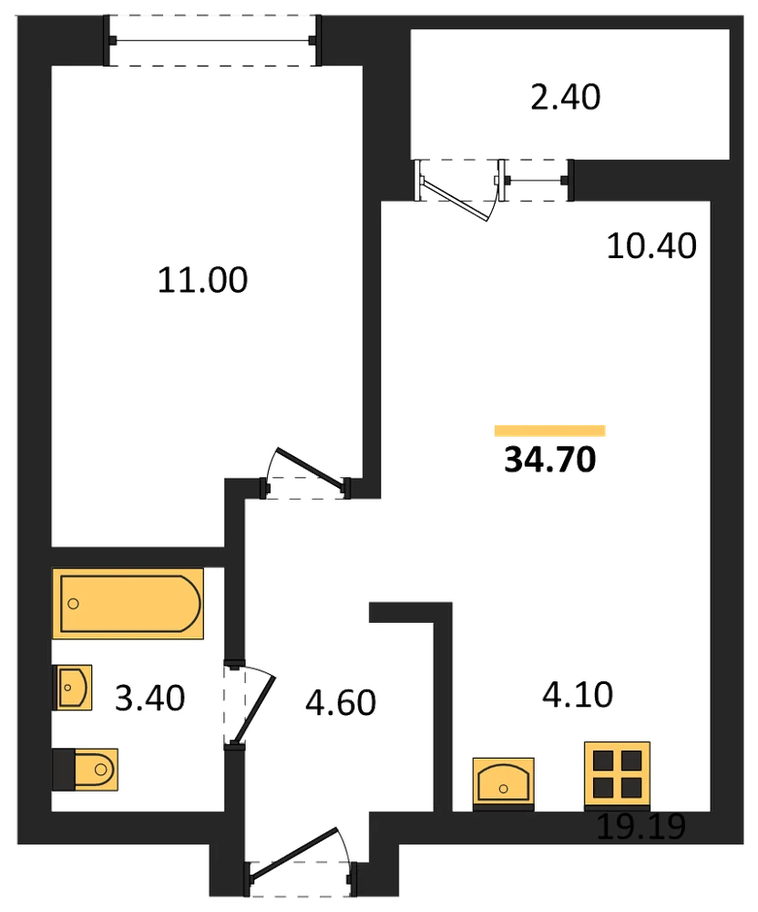 Планировка: 1-комн., 34,7 м²