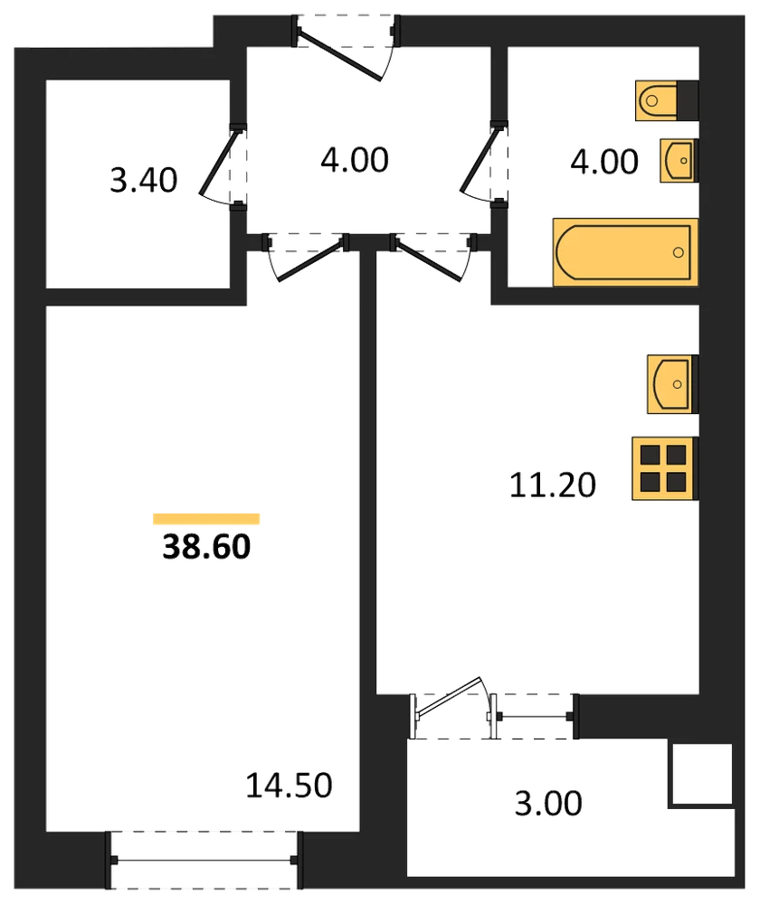 Планировка: 1-комн., 38,6 м²