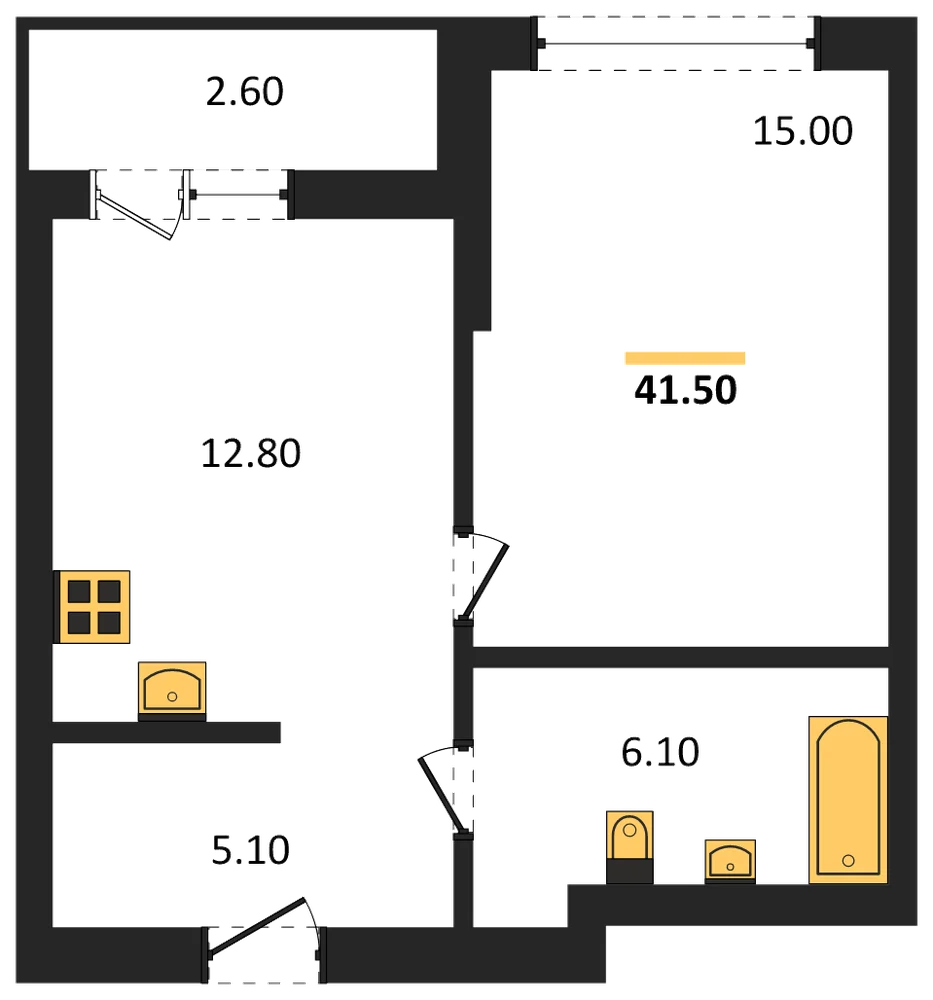 Планировка: 1-комн., 41,5 м²