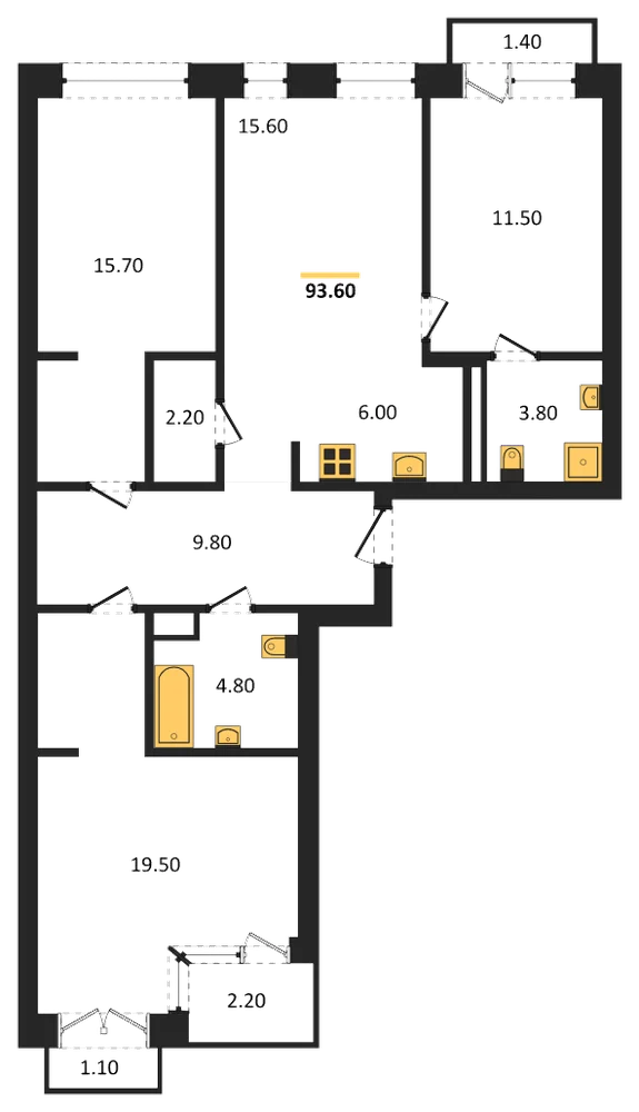 Планировка: 3-комн., 93,6 м²