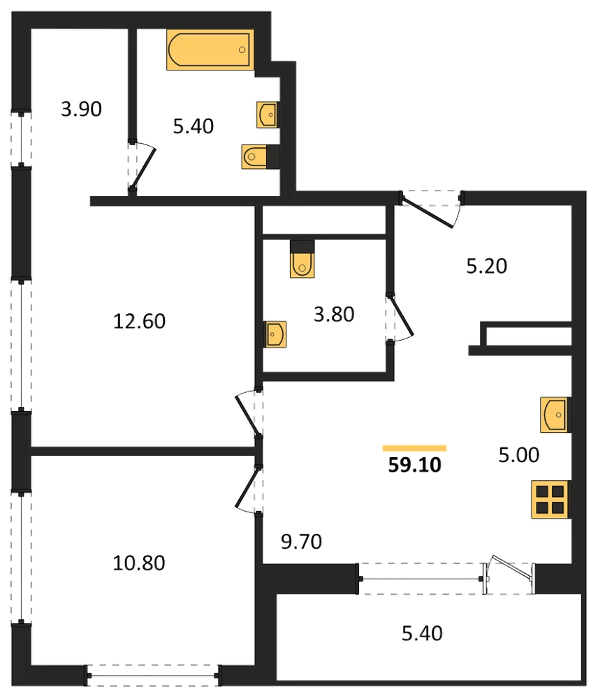 Планировка: 2-комн., 59,1 м²