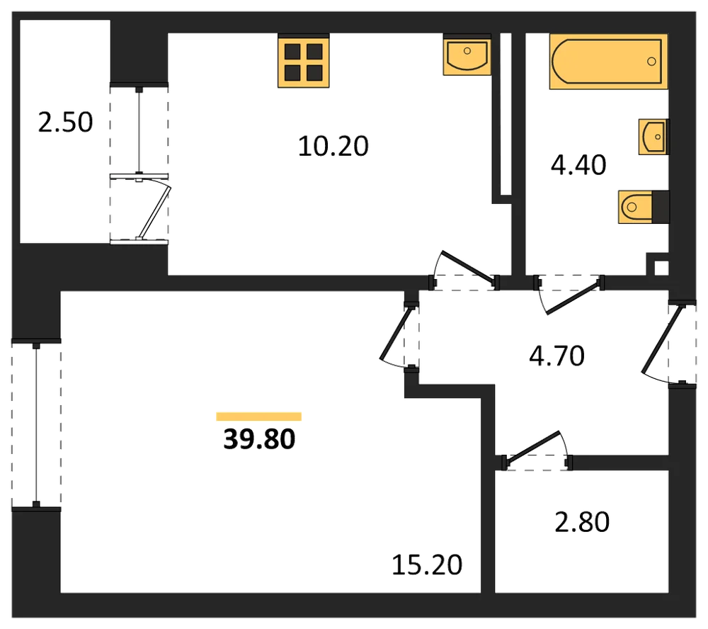 Планировка: 1-комн., 39,8 м²