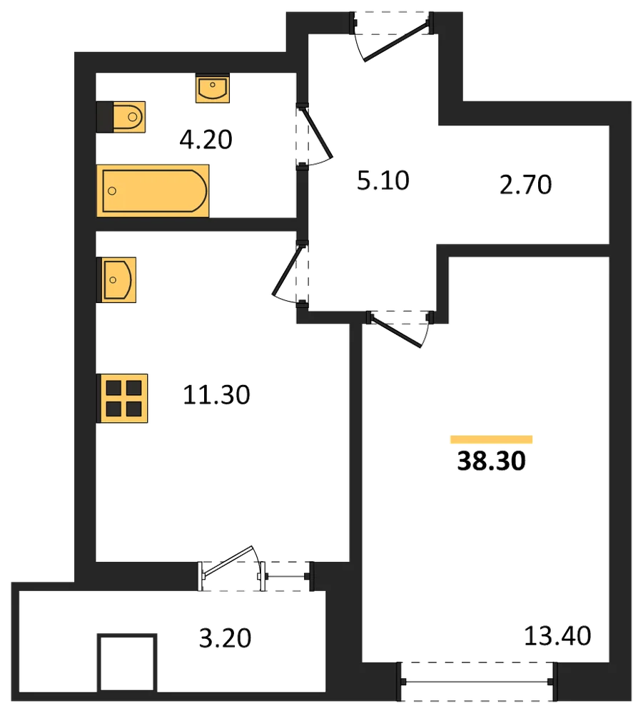 Планировка: 1-комн., 38,3 м²