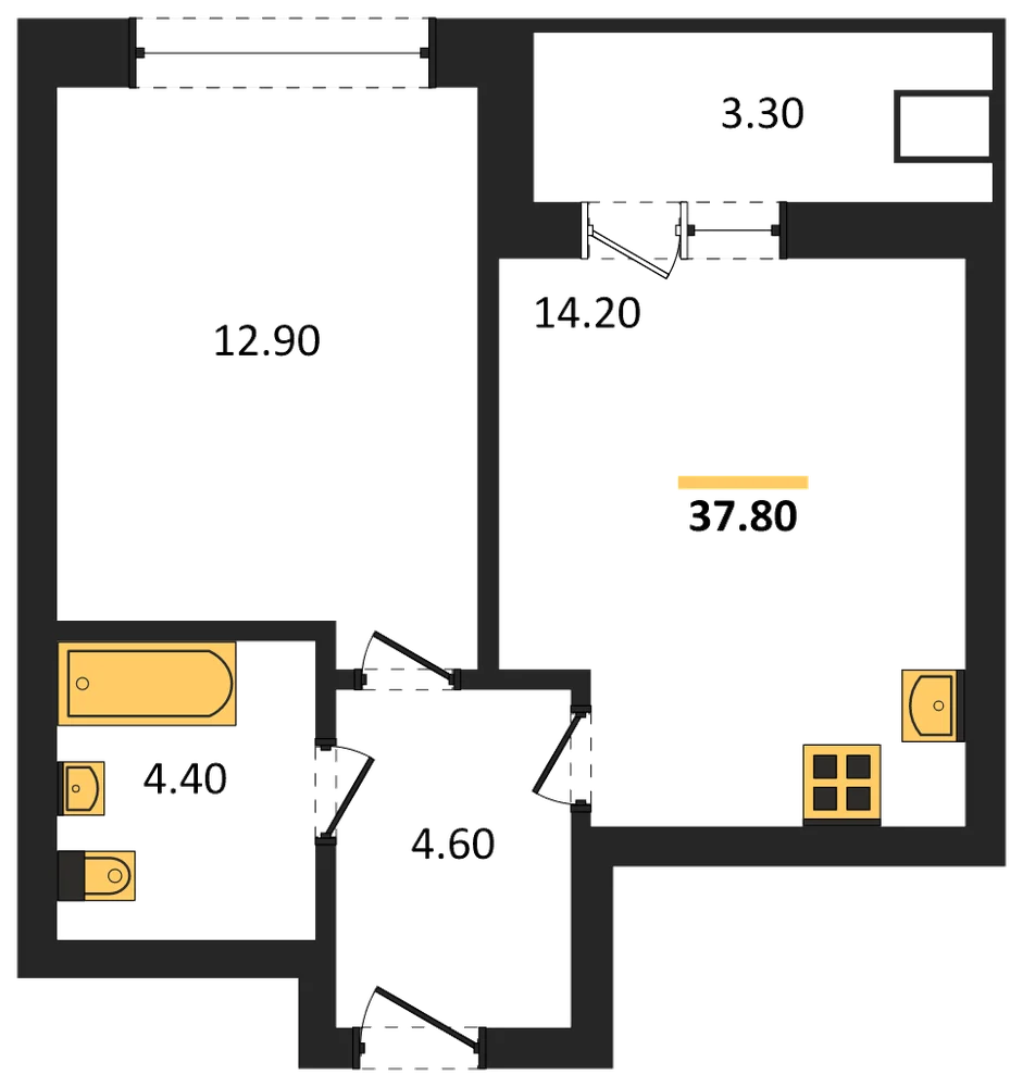 Планировка: 1-комн., 37,8 м²
