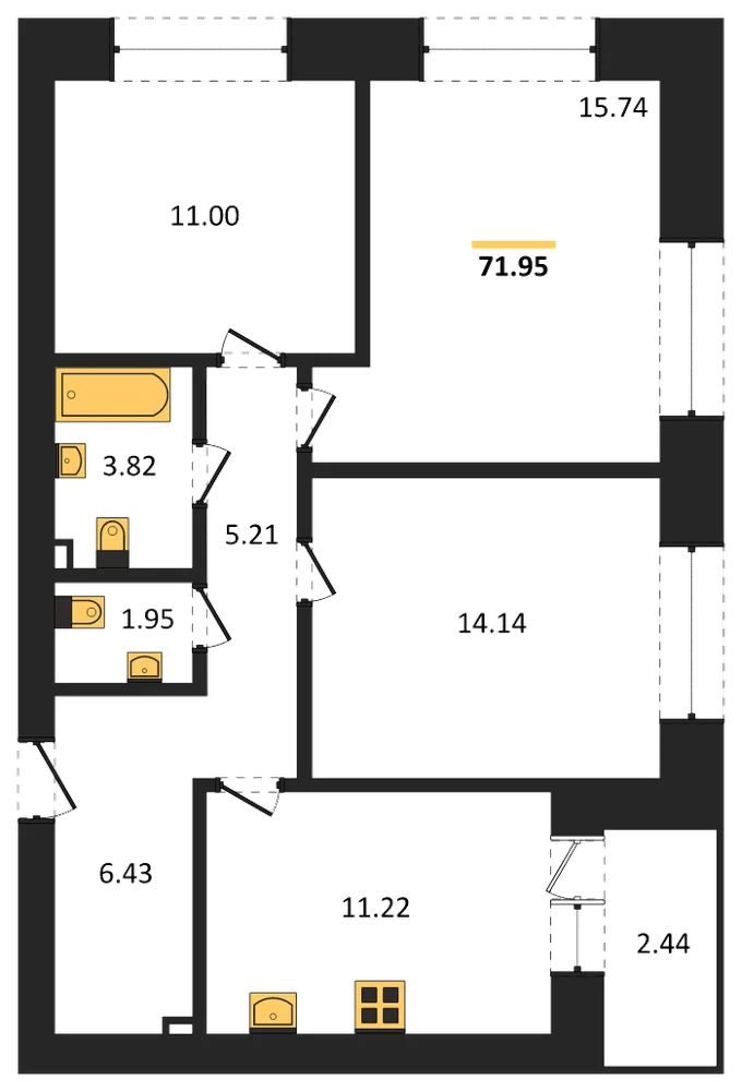 Планировка: 3-комн., 72 м²