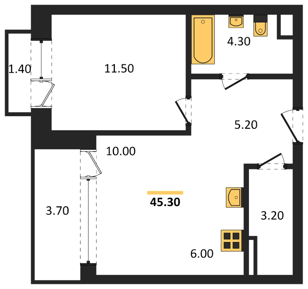 Планировка: 1-комн., 45,3 м²