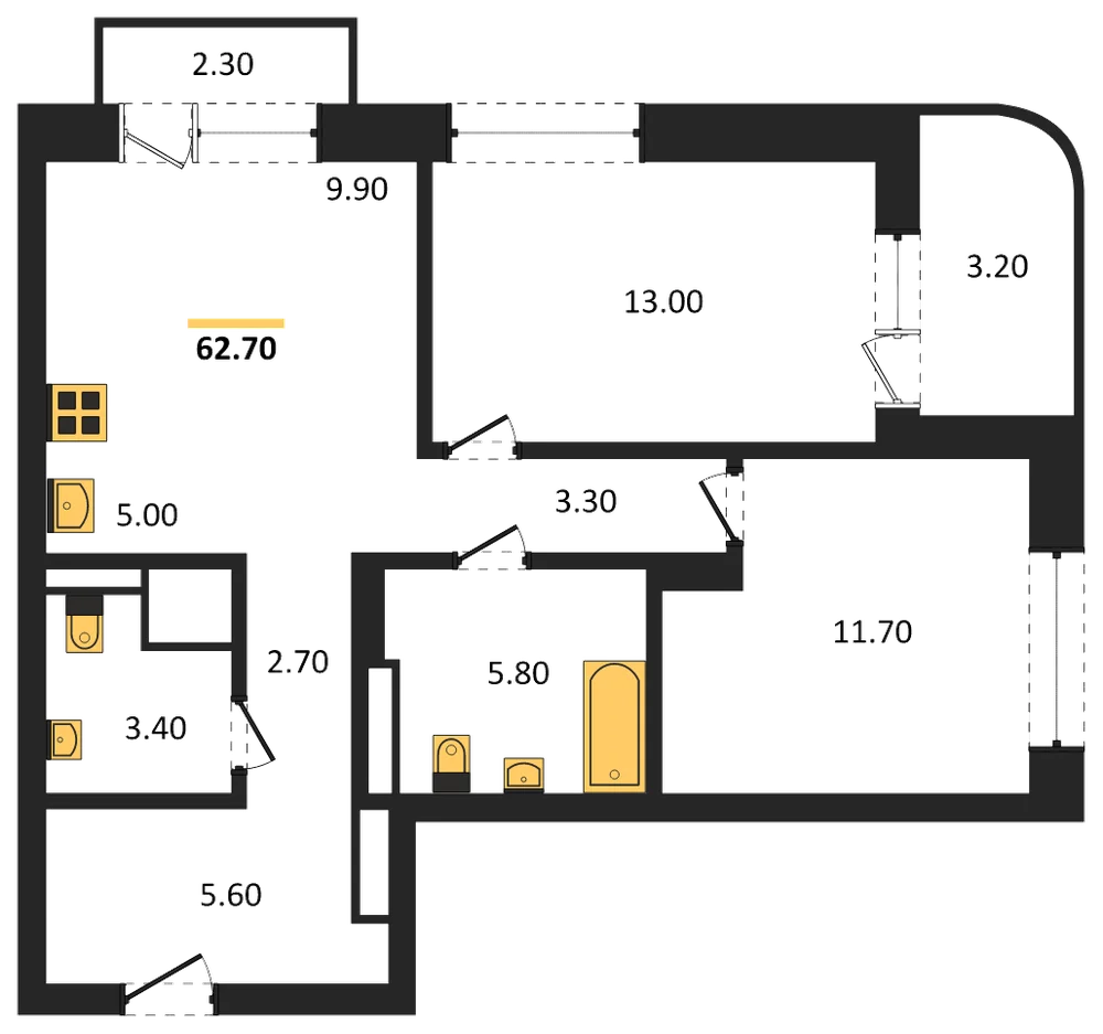 Планировка: 3-комн., 62,7 м²