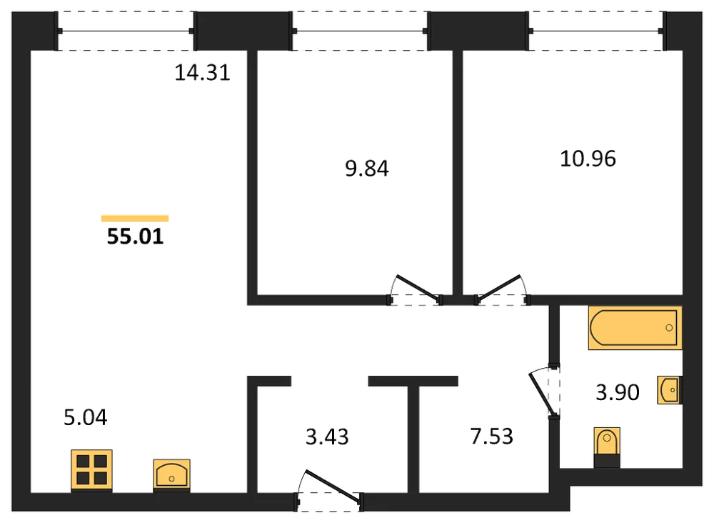 Планировка: 3-комн., 55 м²